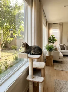 Tabby cat relaxing on a window-side perch with a view of birds