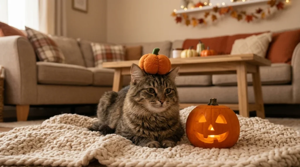 Tabby cat wearing a tiny pumpkin Halloween hat beside a pumpkin