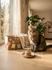 Happy tabby cat beside a cozy birthday setup with a safe treat