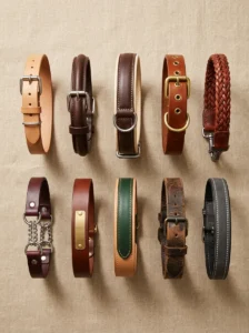 Brown leather dog collar with reflective stitching for visibility