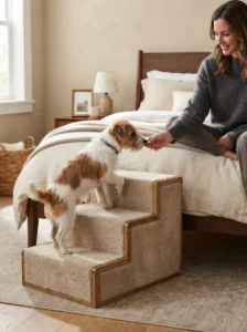 Terrier learning to use dog steps beside the bed with treats