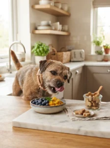 Terrier enjoying blueberries and plain pumpkin as safe dog treats