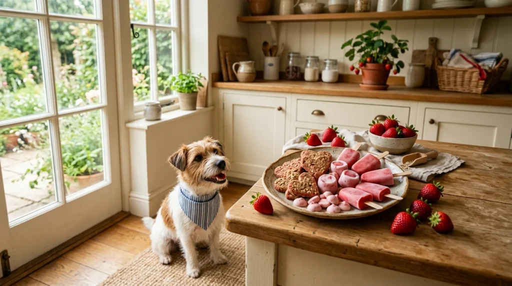Homemade strawberry dog treats with fresh strawberries