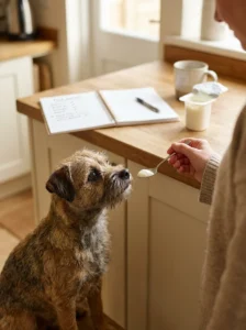 Dog receiving a small serving of plain yogurt while introducing a new food
