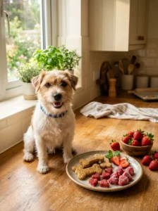 Small dog waiting beside homemade strawberry treats in a sunny kitchen