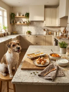 Terrier beside homemade yogurt and pumpkin probiotic-style treats