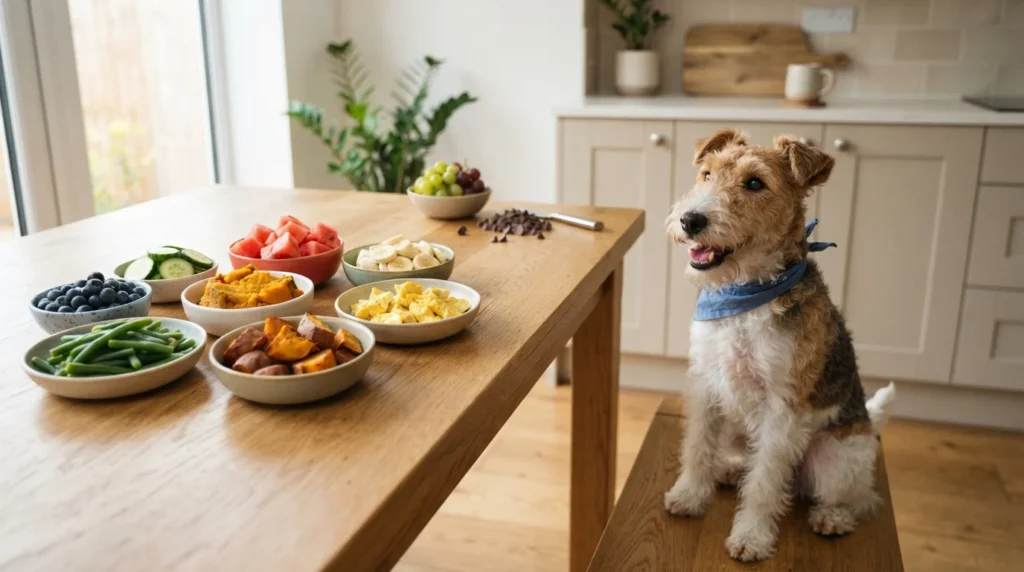 Terrier beside a selection of safe foods dogs can eat