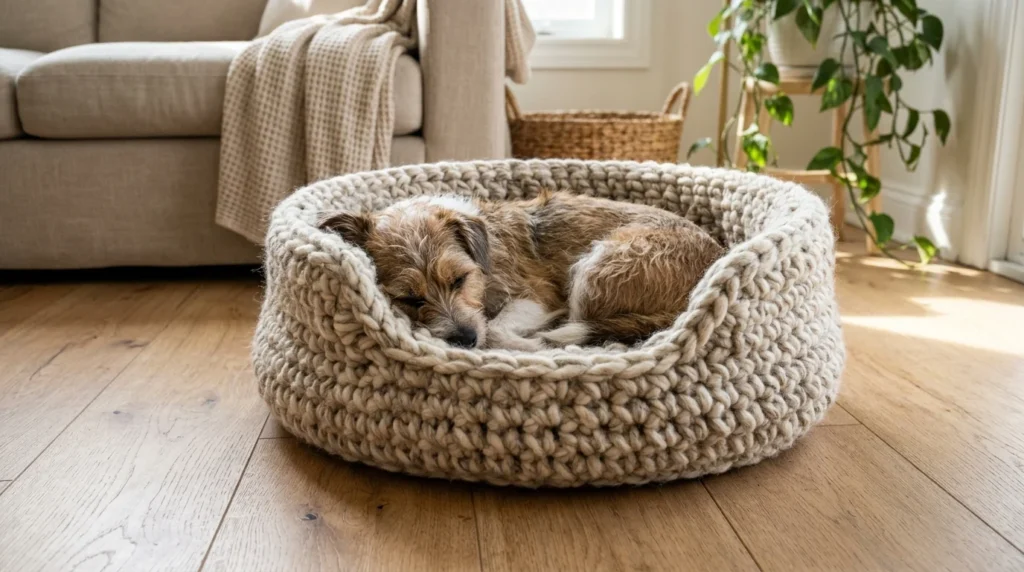 Small terrier resting in a handmade chunky crochet dog bed in a cozy neutral living room.