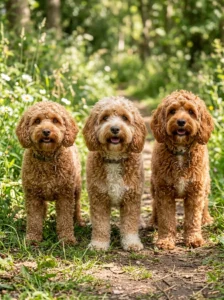 Three Cavapoos showing different curly wavy and mixed coat textures