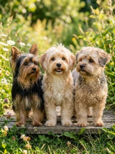Morkies showing different silky wavy and fluffy coat textures