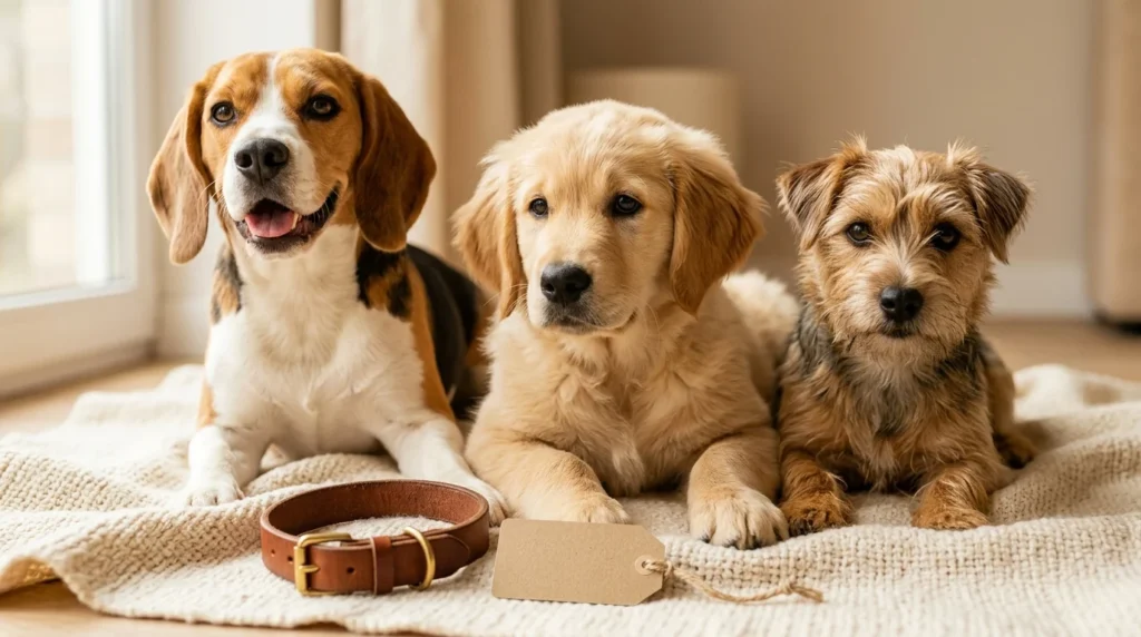 Cute dogs beside a collar and blank name tag for dog name inspiration.