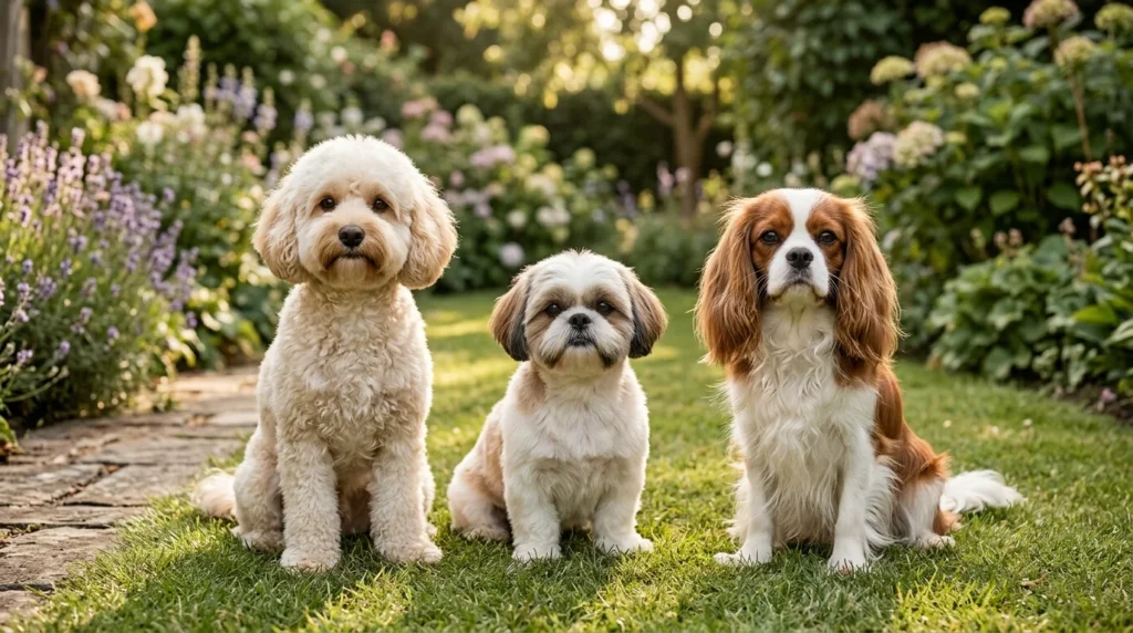 Three dogs with different grooming styles including puppy, teddy bear, and spaniel trims