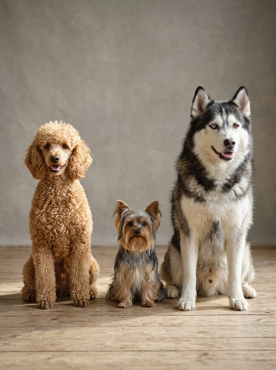Different dog coat types including curly, silky, and double-coated fur