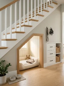 Space-saving dog bed nook built into the area beneath a staircase
Copy prompt