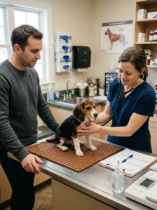 Veterinarian examining a puppy and advising its owner about safe socialisation.