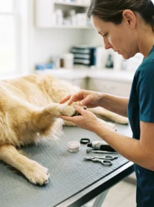 Veterinarian carefully checking a dog's paw and nails for grooming concerns