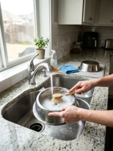 Stainless steel dog bowl being scrubbed with a dedicated brush at the kitchen sink.