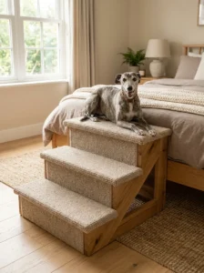 Happy Whippet resting on DIY dog stairs beside a bed
