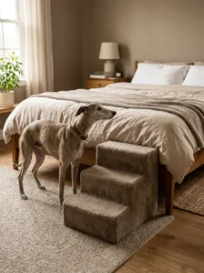 Older Whippet using dog stairs instead of jumping onto the bed