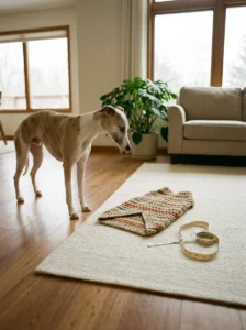 Whippet beside a handmade crochet dog sweater illustrating proper sizing.
