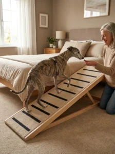 Senior Whippet using a gentle non-slip ramp beside the bed