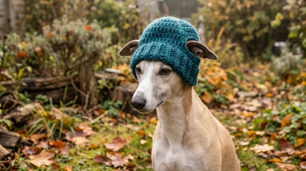 Whippet wearing a handmade teal crochet dog beanie with comfortable ear openings.