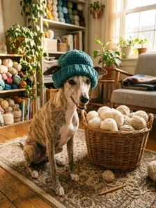 Whippet modeling a finished teal crochet dog hat beside a basket of yarn.