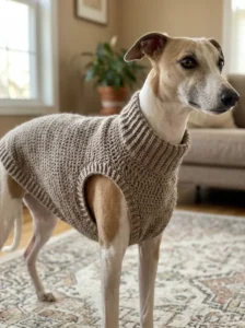 Whippet wearing a crochet dog sweater with well-fitted front leg openings.