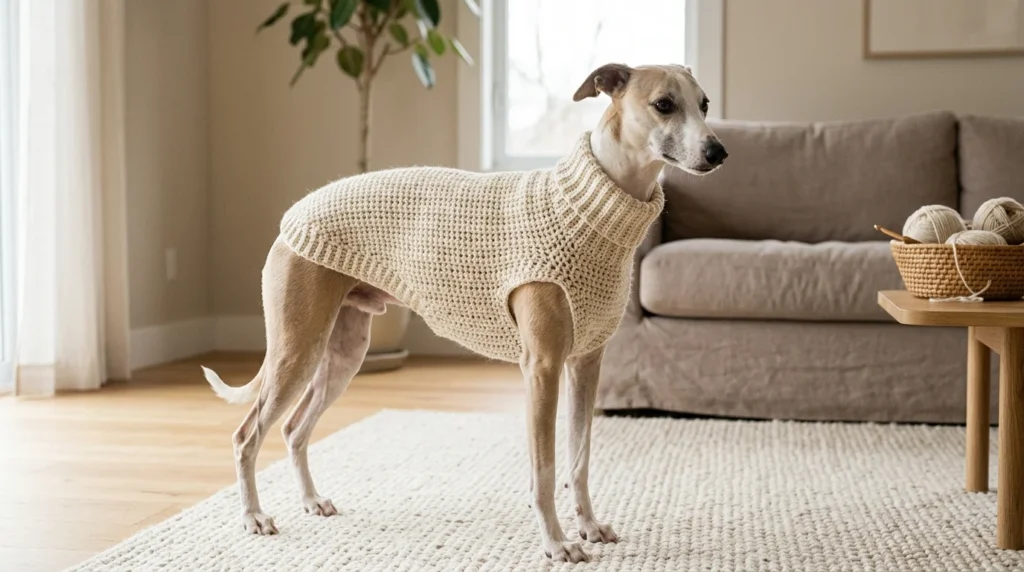 Whippet wearing a handmade cream crochet dog sweater