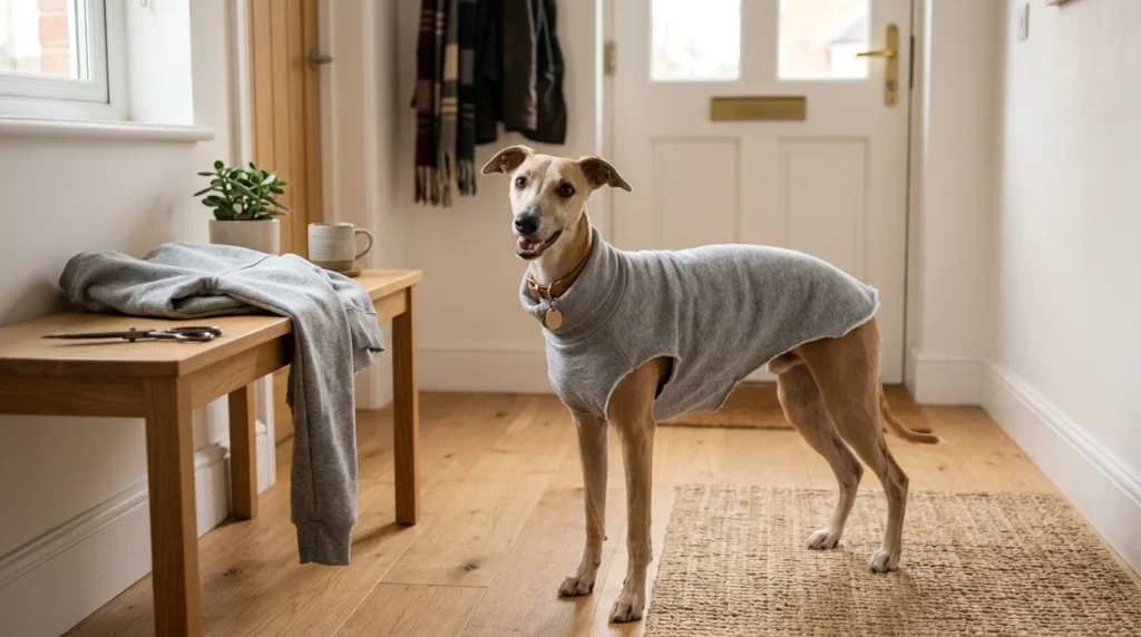 Whippet wearing a cozy no sew DIY dog sweater made from an old sweatshirt sleeve