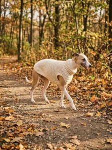 Whippet walking outdoors in a comfortable handmade crochet dog sweater.