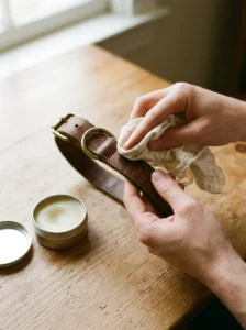 Gently cleaning and conditioning a brown leather dog collar