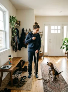 Woman layering lightweight walking clothes before heading out with her beagle.