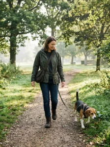 Woman wearing comfortable layered clothing and practical boots for a daily dog walk.