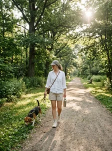 Woman wearing breathable summer walking clothes and sneakers with her beagle.