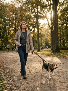 Stylish woman and beagle demonstrating a practical everyday dog walking outfit.