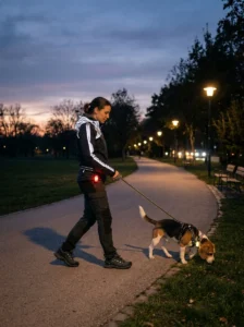 Woman wearing reflective walking clothes and a safety light while walking her beagle at dusk.