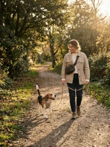 Woman in a stylish practical dog walking outfit enjoying a sunny walk with her beagle.