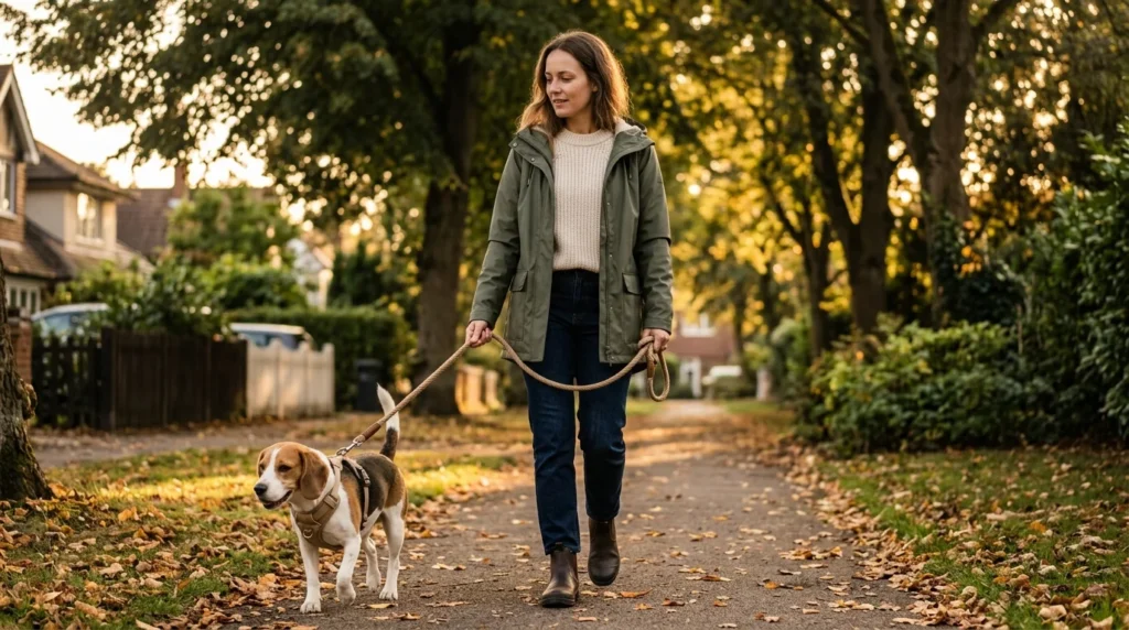 Woman wearing a practical stylish dog walking outfit with her beagle on a leafy path.