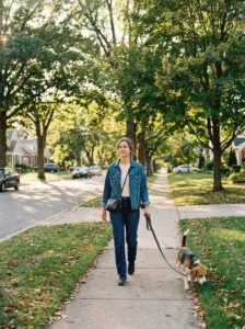 Woman wearing a denim jacket, dark jeans, and trainers on an everyday dog walk.
