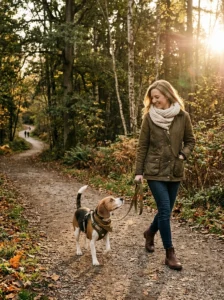 Woman and beagle wearing coordinated olive-green and beige walking accessories.