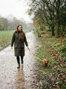 Woman wearing dark waterproof boots and a long coat while walking her dachshund.