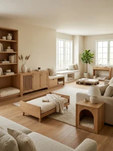 Wooden dog bed with a cream cushion styled as furniture in a cozy neutral living room