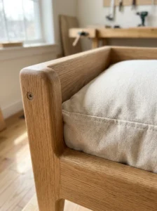 Smooth sanded wooden dog bed frame with rounded edges and a padded cushion
