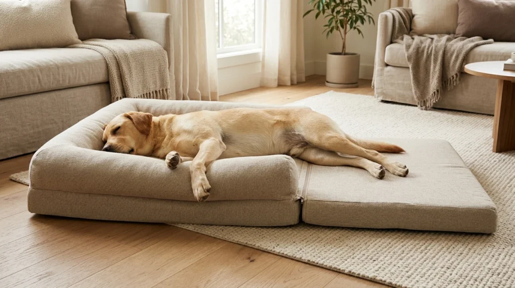 Large Labrador retriever relaxing on an extended dog bed with extra cushion space.