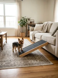 Yorkshire Terrier beside a low pet ramp for safer sofa access.