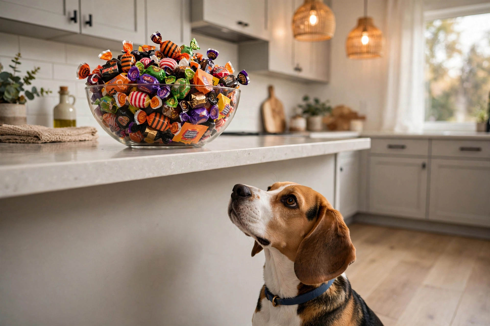 Bowl of Halloween candy on a high countertop, out of reach of a curious beagle