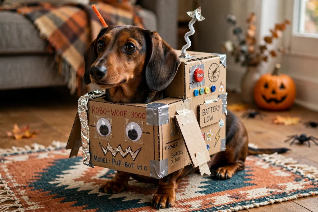 Dachshund wearing a homemade cardboard box robot Halloween costume