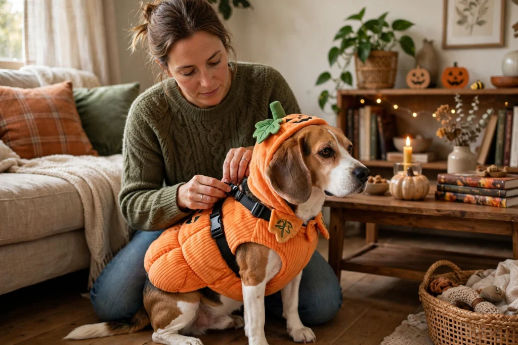 Owner checking the fit of a pumpkin Halloween costume on a beagle for comfort