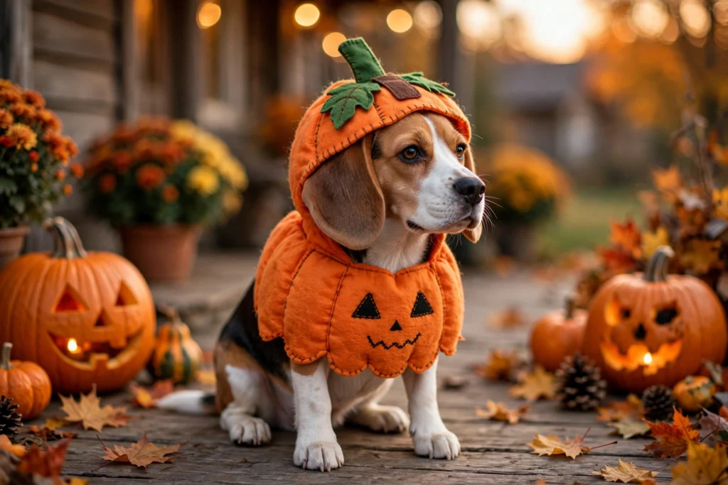 Beagle wearing a homemade pumpkin Halloween costume on a porch with jack-o-lanterns